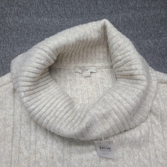 LOFT Sweater Womens XS/S Beige Turtleneck Poncho Cable Knit Boxy Short Sleeve - Picture 2 of 9